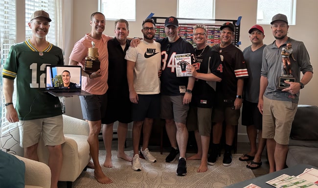 The league's ten owners on 2025 draft day, one attending by laptop
